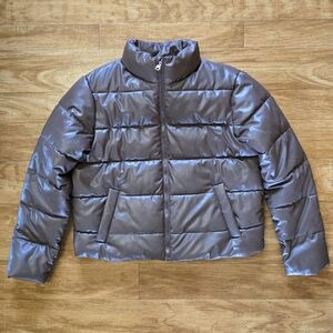 Time  & Tru Puffer Jacket Women's MED  Brown Faux Leather Stand Collar Full Zip